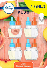 Febreze Plug In Air Freshener, Odor-Fighting Scented Oil Refill, Air Fresheners for Home and Bathroom and Kitchen, Long Lasting for Strong Odors, Juicy Summer Peaches Scent, 0.87oz Refills, 4 Count