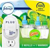 Febreze Plug-In Air Freshener, Odor-Fighting Scented Oil Starter Kit, Air Fresheners for Home, Bathroom and Kitchen, Long Lasting for Strong Odors, Gain Original Scent, Warmer + 2 Refill, Multicolor
