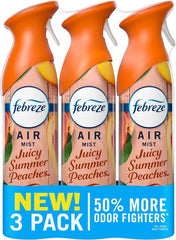 Febreze Air Mist, Air Freshener Spray, Odor Fighting Room Spray, Deodorizer for Home Bathroom Kitchen Office Apartment Dorm Room Classroom, Juicy Summer Peaches Scent, 8.1oz (Pack of 3)