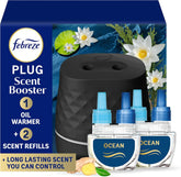 Febreze PLUG Scent Booster Starter Kit, Black, Oil Diffuser, Air Freshener Plug In, Continuous Scent Device + 2 Ocean Refills