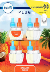 Febreze Plug in Air Freshener, Odor-Fighting Scented Oil Refill, Air Fresheners for Home and Bathroom and Kitchen, Long Lasting for Strong Odors, Hawaiian Aloha Scent, 0.87oz Refills, 4 Count