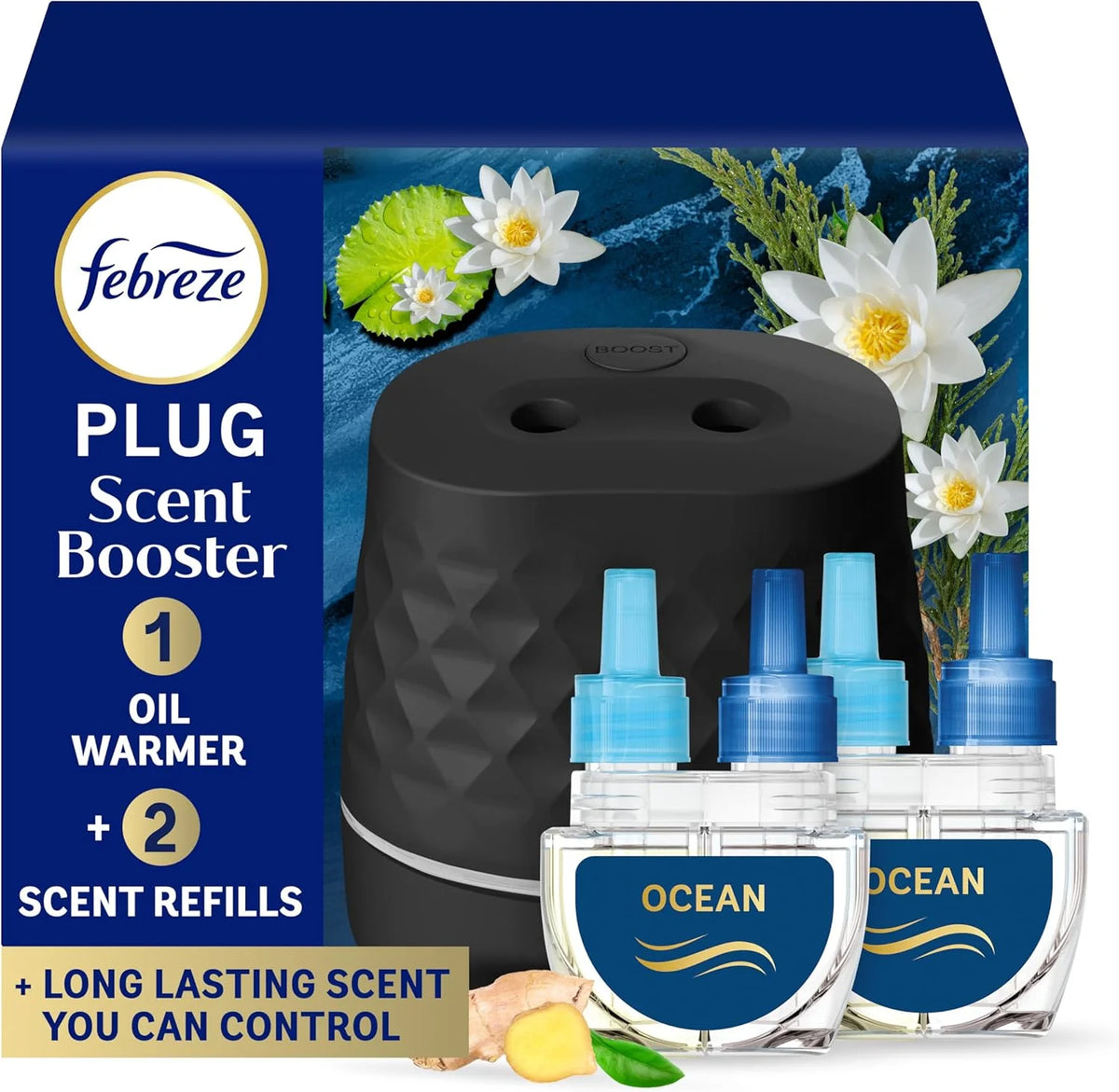 Febreze PLUG Scent Booster Starter Kit, Black, Oil Diffuser, Air Freshener Plug In, Continuous Scent Device + 2 Ocean Refills
