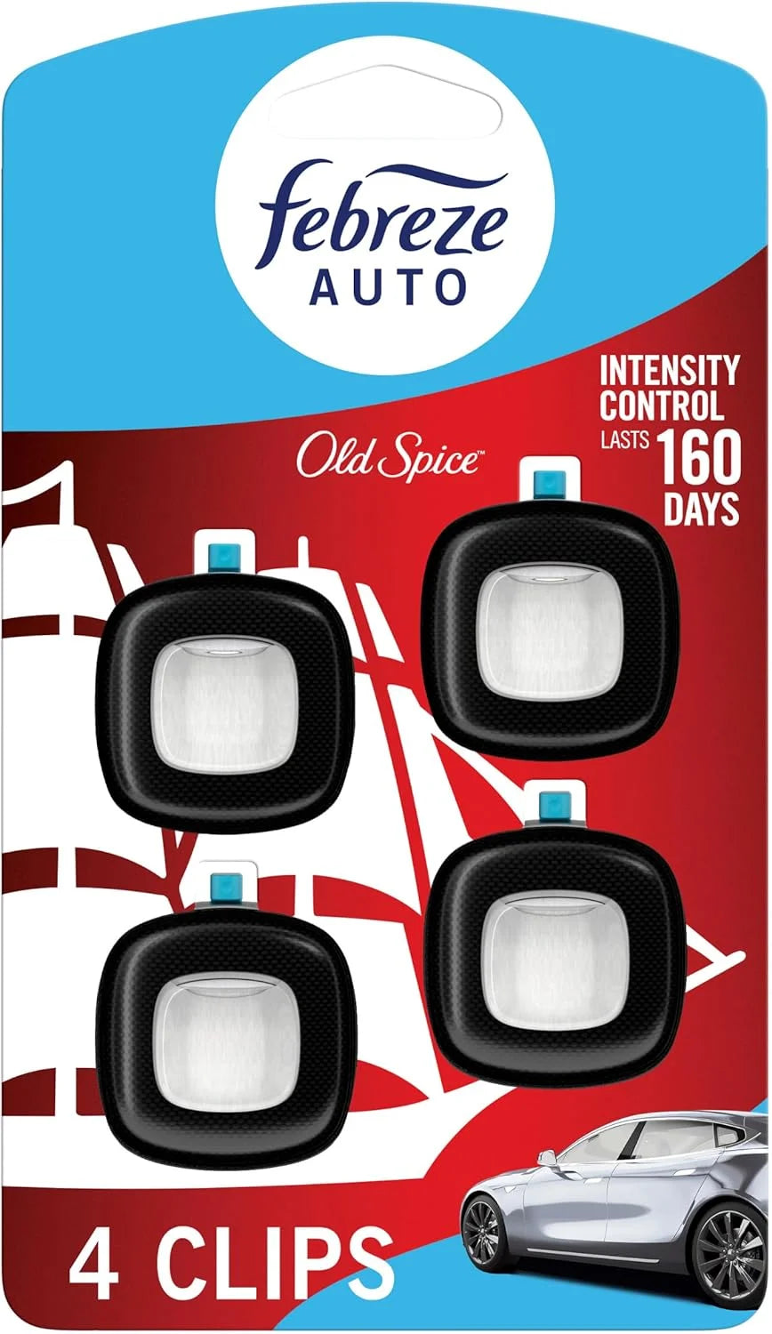Febreze Odour-Fighting Auto Air Freshener, Car Vent Clip, Old Spice, 4ct